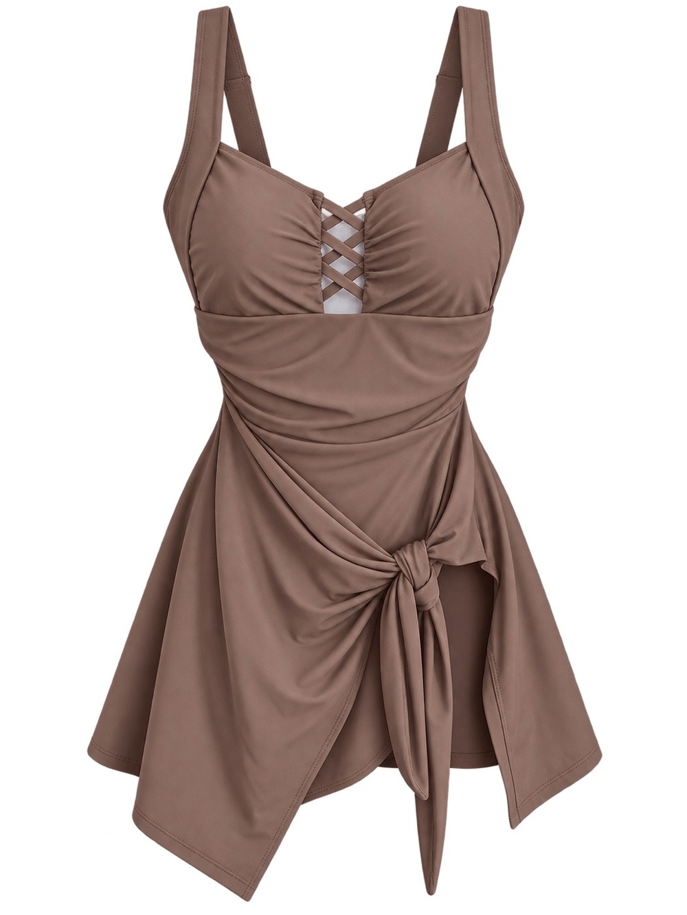 Sleeveless Taupe Knot-Front Swim Dress